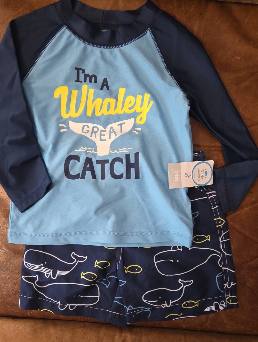 Carters Navy & Light Blue 'Whaley Great Catch' Rash Guard Set W/ Extra Shorts